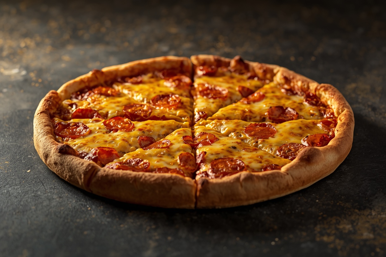 Tjock American panpizza med gyllene ostkant